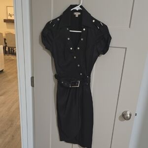 Cache Black Sheath Dress with Notched Collar and Puff Sleeves